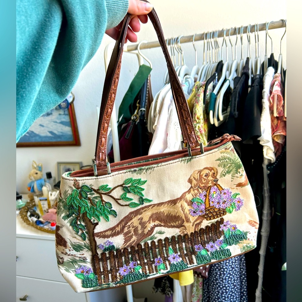 Vintage Isabella Fiore Hand Beaded Golden Retriever Handbag